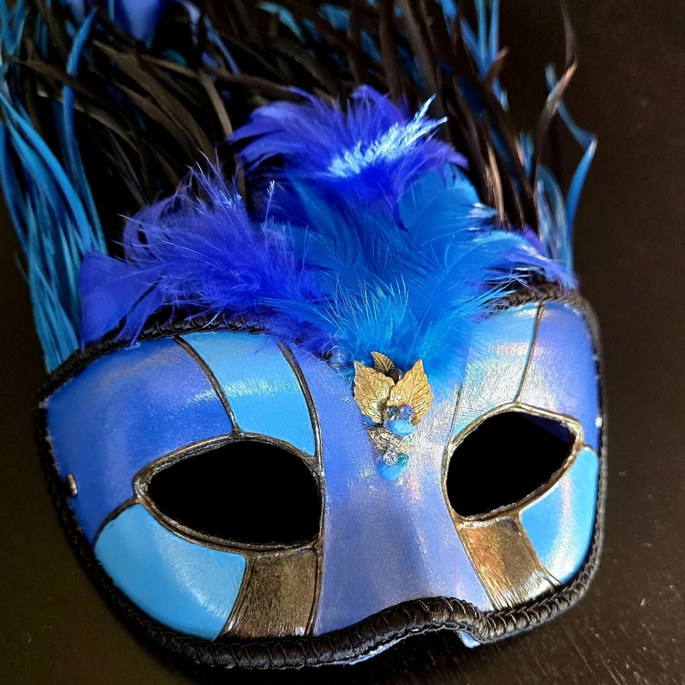 Blue and Black Feathered Masquerade Mask Cirque Du Soliel Erik Attia